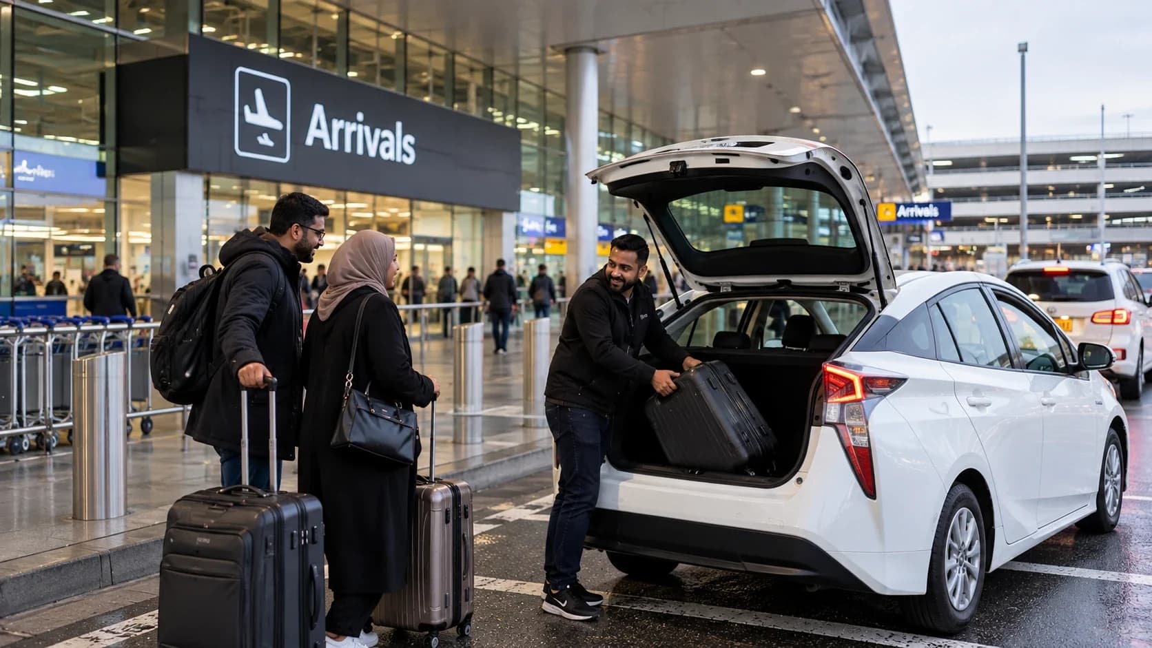 A Watling Cars driver loading a couple's suitcases into his car outside airport arrivals