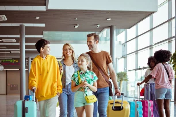 A family with suitcases walking through an airport terminal