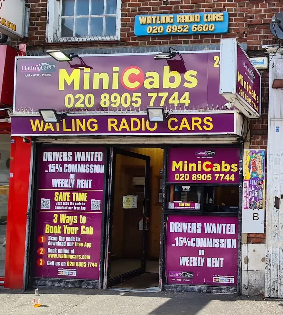 The Watling Cars minicab office on Watling Avenue, Burnt Oak, with its purple MiniCabs sign